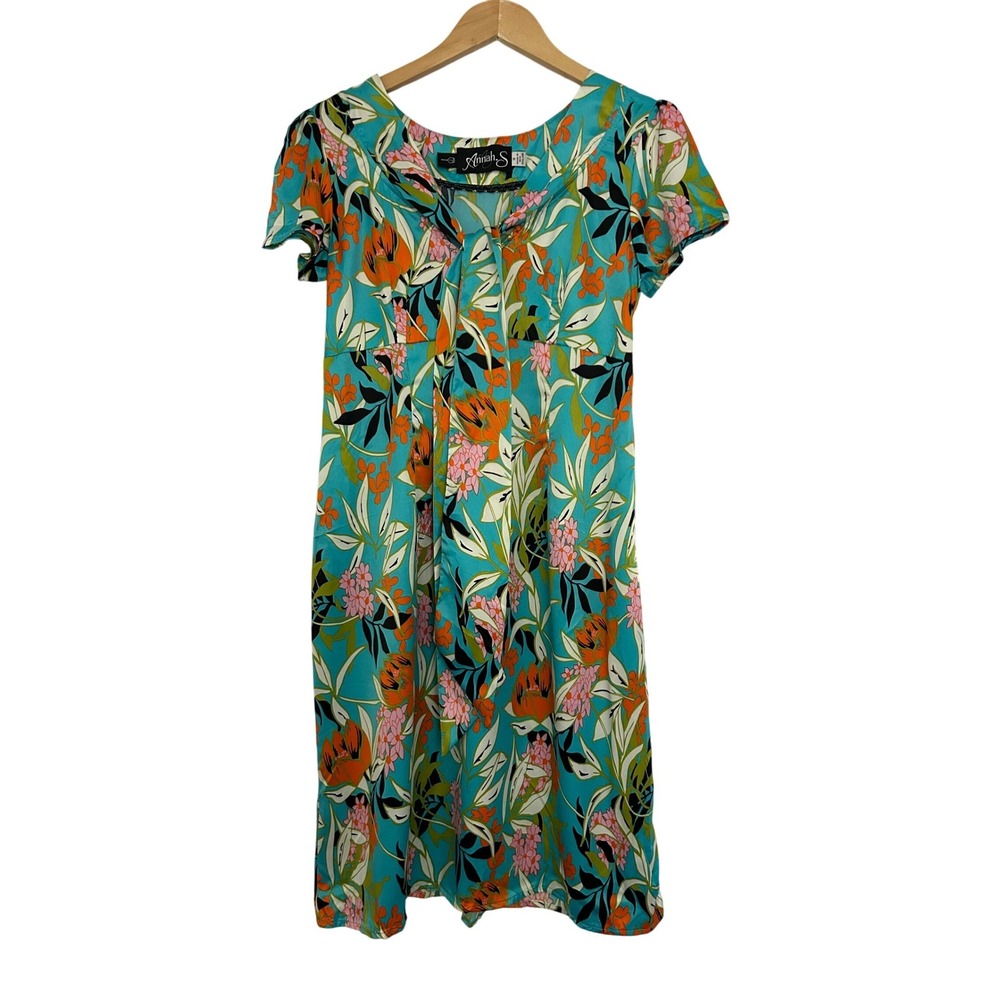 Annah S Floral‎ Tie Neck Dress Teal Orange Botanical Print Size 12